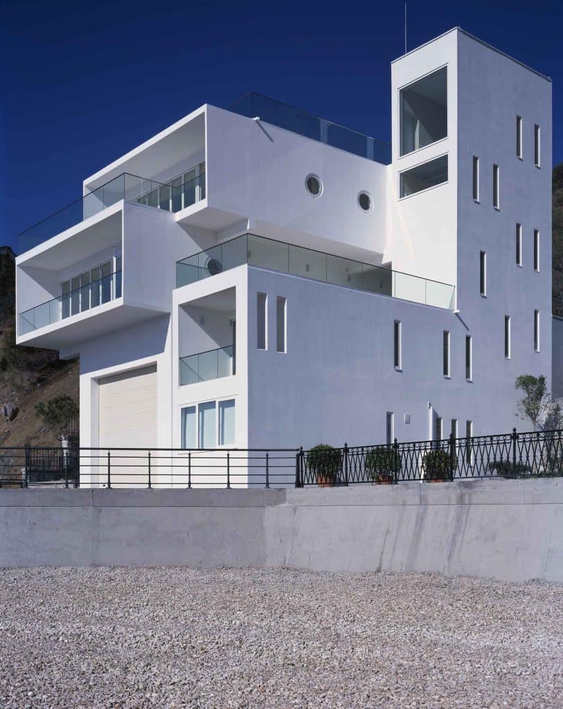 exterior shot of large white modern home
